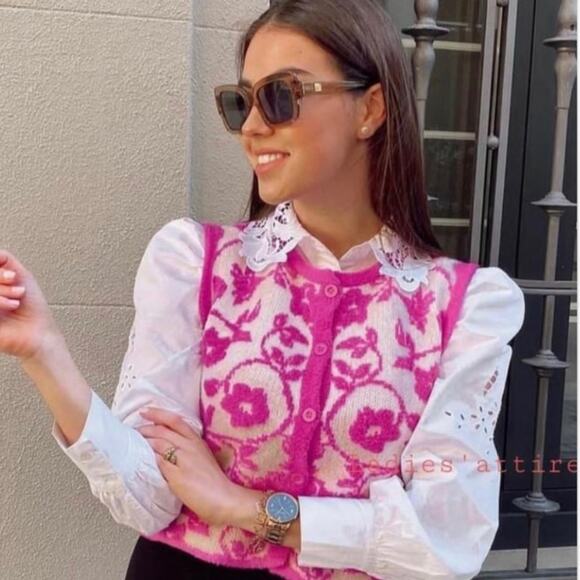 Zara Magenta Floral Knit Vest Bloggers Favorite Size Medium - Picture 2 of 8